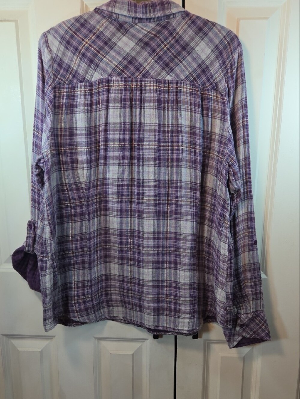 Relativity Lavender Plaid Ruffle-Front Button-Down Shirt - Picture 8 of 14